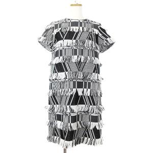 美品 ワンピース ひざ丈 フリンジ 半袖 コットン混 531-6140416 白 ホワイト 黒 ブラック 36 M位