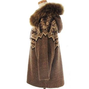 POLO RALPH LAUREN ニットパーカー 長袖 ファー レースアップ ドロップショルダー ノルディック柄 茶系 ブラウン系 M SM0