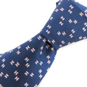 ネクタイ Hロゴ柄 レギュラータイ 総柄 シルク 659266T 紺 ネイビー ピンク AA