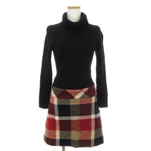 ニットワンピース ひざ丈 長袖 タートルネック チェック 55J79-428-16 黒 ブラック 36