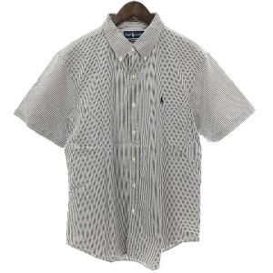 CUSTOM FIT シャツ ロゴ刺繍 ボタンダウン 半袖 ストライプ XL ホワイト グレー 白 灰色