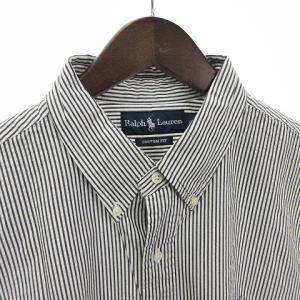 RALPH LAUREN CUSTOM FIT シャツ ロゴ刺繍 ボタンダウン 半袖 ストライプ XL ホワイト グレー 白 灰色