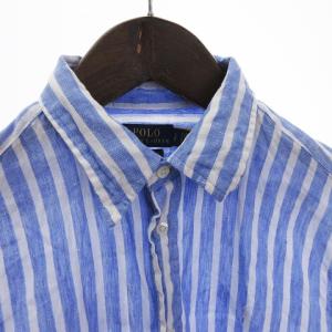POLO RALPH LAUREN シャツ 長袖 リラックスフィット ストライプ 刺繍ロゴ ポニー リネン 水色 白 S