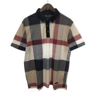 美品 ポロシャツ カットソー 半袖 チェック ロゴ プリント 51P43-333-42 紺 ネイビー LL SM1