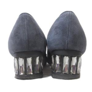 LANVIN en Bleu パンプス ネイビー スエード レザー リボン チャンキーヒール ビジュー 紺 23 1