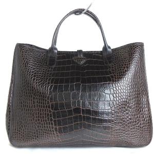 Longchamp 美品 ロゾ トートバッグ クロコ型押し レザー ロゴ 茶 ブラウン 鞄 SM1
