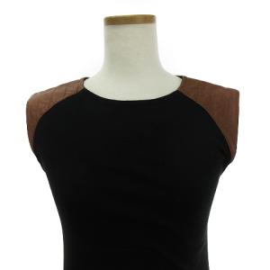 POLO RALPH LAUREN ノースリーブ カットソー 切替 無地 レザー コットン 黒 ブラック S SM1