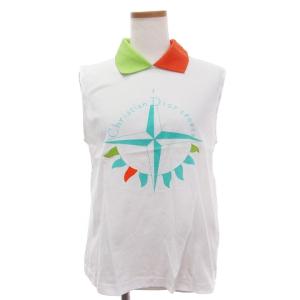 SPORTS 美品 ポロシャツ カットソー ノースリーブ 鹿の子 ロゴ プリント バックボタン Q7K7902 白 ホワイト