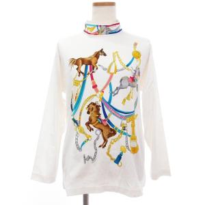 ヴィンテージ Tシャツ カットソー 長袖 バックファスナー モックネック 馬 チェーン プリント ホワイト 白 M GKP