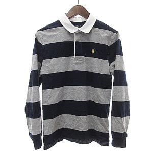 ラガーシャツ 長袖 胸ロゴ 襟裏柄あり コットン ボーダー グレー系 L SM1