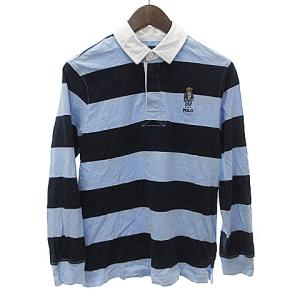 ラガーシャツ 長袖 ボーダー ベアロゴ コットン 青系 ブルー系 L SM1