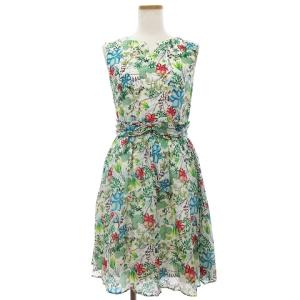 ワンピース ひざ丈 ノースリーブ シルク100％ ボタニカル柄 マルチカラー 36
