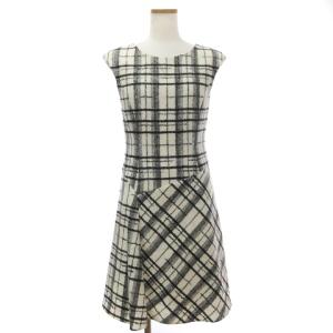 ワンピース ひざ丈 ノースリーブ フレア チェック ウール 白 ホワイト 36
