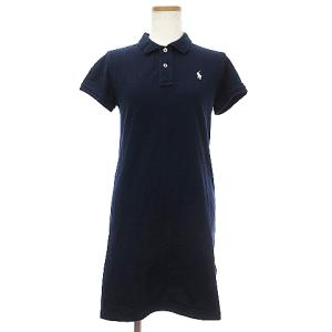 ポロワンピース 半袖 ひざ丈 ワンポイント 鹿の子 ロゴ コットン 紺 ネイビー XS SM1