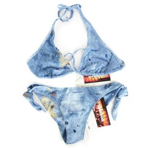 タグ付き デニムプリント ビキニ セパレート 水着 スイムウェア ブルー系 XS SM1