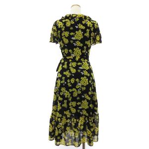 MICHAEL Michael Kors ラップ シフォン ワンピース ひざ丈 半袖 Vネック 花柄 フリル 黒 ブラック イエロー系 XXS