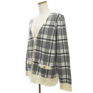 TORY BURCH ニット カーディガン Vネック チェック 金ボタン アイボリー 黒 ブラック系 XL SM1