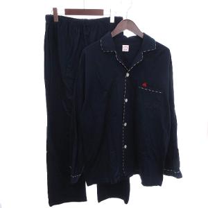 セットアップ パジャマ ルームウェア 長袖 開襟 シャツ 長ズボン パンツ 総ゴム ボタンフライ 前開き 紺 ネイビー L