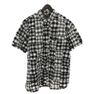 シャツ 半袖 カスタムフィット パッチワーク ボタンダウン チェック コットン 黒 ブラック 白 ホワイト LL GY16