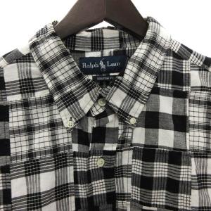 POLO RALPH LAUREN シャツ 半袖 カスタムフィット パッチワーク ボタンダウン チェック コットン 黒 ブラック 白 ホワイト LL GY16