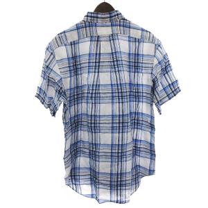 RALPH LAUREN シャツ 半袖 クラシックフィット ボタンダウン チェック 麻 青 ブルー 白 ホワイト L GY16