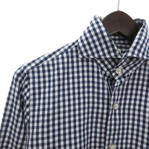Finamore シモーネ SIMONE シャツ 長袖 コットン ギンガムチェック 紺 ネイビー 白 ホワイト 37