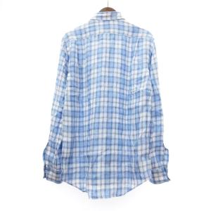 HERMES ボタンダウンシャツ 長袖 チェック 麻 青 ブルー 40 S位 SM1