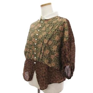 GASA 動き出す時間 ハイウエストブラウス 総柄 切替 レース ブラウン