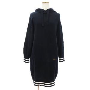 ニットワンピース ライン 長袖 ひざ丈 フード付き 55J87-136-29 紺 ネイビー 38 M位