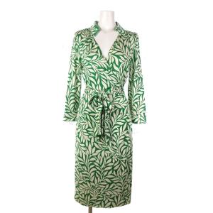 美品 ラップワンピース ひざ丈 七分袖 シルク 総柄 ウエストリボン 緑 グリーン 6 SM1 AA