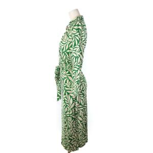 DIANE von FURSTENBERG 美品 ラップワンピース ひざ丈 七分袖 シルク 総柄 ウエストリボン 緑 グリーン 6 SM1 AA
