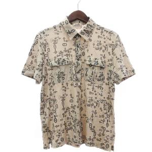 ポロシャツ 半袖 フロントボタン 薄手 シェーヌダンクル柄 総柄 幾何学模様 ベージュ M SM1