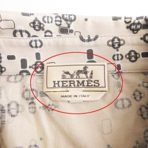 HERMES ポロシャツ 半袖 フロントボタン 薄手 シェーヌダンクル柄 総柄 幾何学模様 ベージュ M SM1