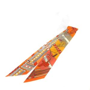 ツイリー スカーフ シルク 総柄 馬勒とチャーム オレンジ 赤 レッド