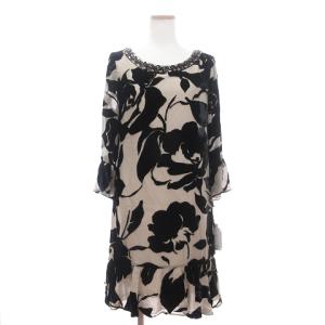 タグ付き ローズオパールワンピース 七分袖 ひざ丈 ビジュー シルク 花柄 38 ベージュ