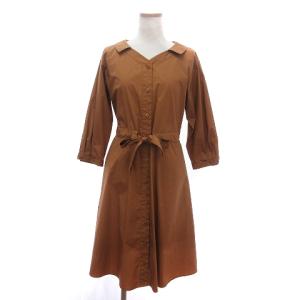 シャツワンピース 七分袖 ひざ丈 ドローストリング チェック フロントボタン 茶 ブラウン 36