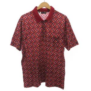 HOMME ポロシャツ 半袖 コットン 刺繍 国旗 総柄 赤 レッド L