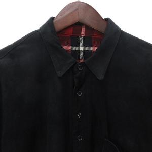 Papas シャツジャケット 長袖 裏地チェック 羊革 スエード 黒 ブラック M SM1