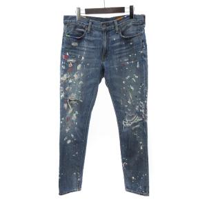 デニム ジーンズ パンツ ペイント ダメージ加工 刺繍 ロゴ ジップアップ コットン インディゴ 青 ブルー 28