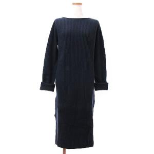 19AW リブニット ボートネックワンピース ロング 長袖 サイドスリット ウール カシミヤ混  ネイビー 紺 36 S位