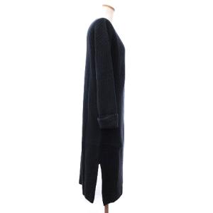 GALERIE VIE 19AW リブニット ボートネックワンピース ロング 長袖 サイドスリット ウール カシミヤ混  ネイビー 紺 36 S位