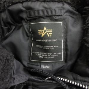 ALPHA INDUSTRIES N-3B ミリタリージャケット フード ファー ボア フロントファスナー ナイロン 20094-201 黒 ブラック XL