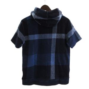 BLACK LABEL CRESTBRIDGE パイルパーカー 半袖 チェック ロゴ プリント ジップアップ 51P53-552-28 青 ブルー M SM1