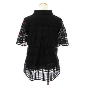 MUVEIL カットソー フレア袖 刺繍 シースルー 半袖 花 フラワー 襟付き コットン MA201UTS001 黒 ブラック 36 S位