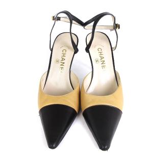 CHANEL パンプス サンダル シューズ ストラップ ヒール レザー バイカラー 黒 ブラック ベージュ 37 24cm位 靴