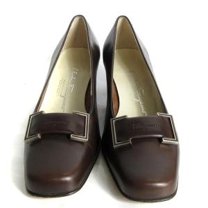 Salvatore Ferragamo パンプス スクエアトゥ ミドルヒール レザー 茶 ブラウン 6 23cm相当 靴 GY14