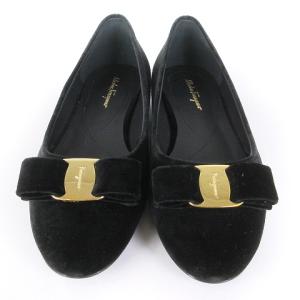 Salvatore Ferragamo 美品 ヴァラリボン フラットパンプス バレエ シューズ ローヒール ベルベット DY94288 黒 ブラック 7 24cm相当