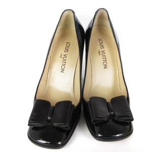 LOUIS VUITTON ヴェルニ パンプス ヒール シューズ エナメル リボン ロゴ スクエアトゥー ブラック 黒 38 25?p位 AA