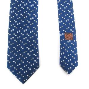 HERMES ネクタイ レギュラータイ シルク Hロゴ柄 刺繍 総柄 659266T 紺 ネイビー 小物 AA