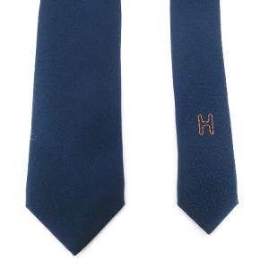 HERMES ネクタイ レギュラータイ シルク H刺繍 ワッペン ストライプ 紺 ネイビー 小物 AA